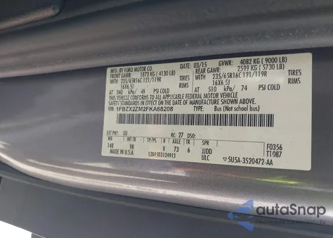 2015 Ford Transit-350 Xl из США, поврежденный, VIN 1FBZX2ZM2FKA68208